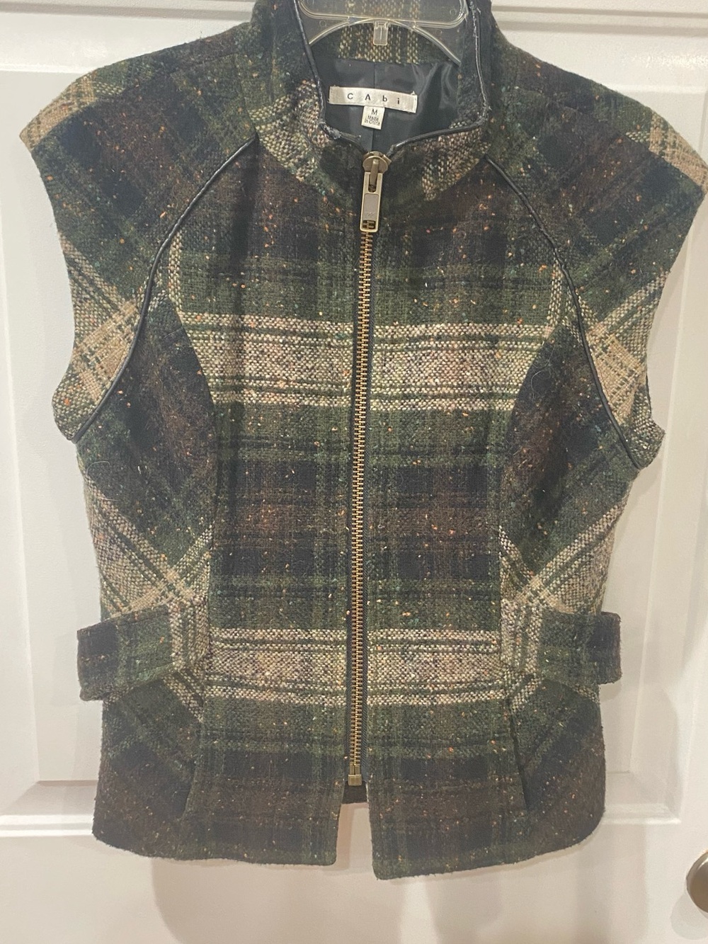 CAbi Green Plaid Tweed Zip Vest with Gold Hardware women’s size medium